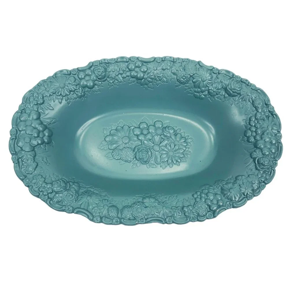 Vtg Trinket Dish Jewelry Tray Soap Blue Painted Metal High Relief Floral Ornate